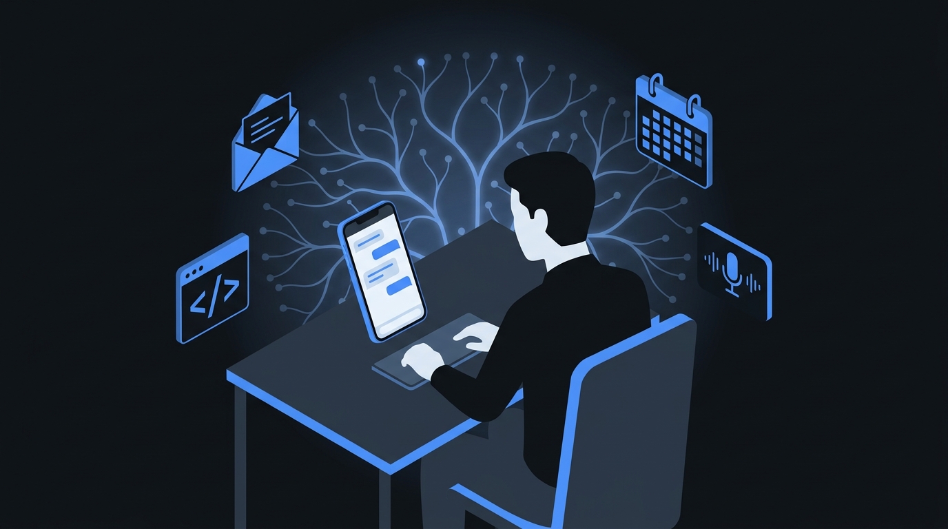 A focused operator at a clean desk with NavBot quietly working in the background