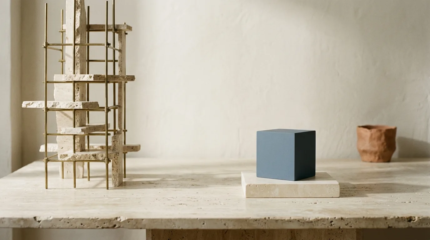 An over-built scaffold of stone offcuts and brass rods beside one clean slate-blue cube on a plinth