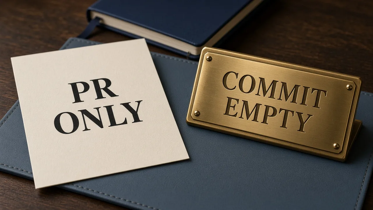 A cream card printed PR ONLY lies on a dark wooden desk beside a brass plate engraved COMMIT EMPTY, with a closed navy notebook and a slate-blue desk pad